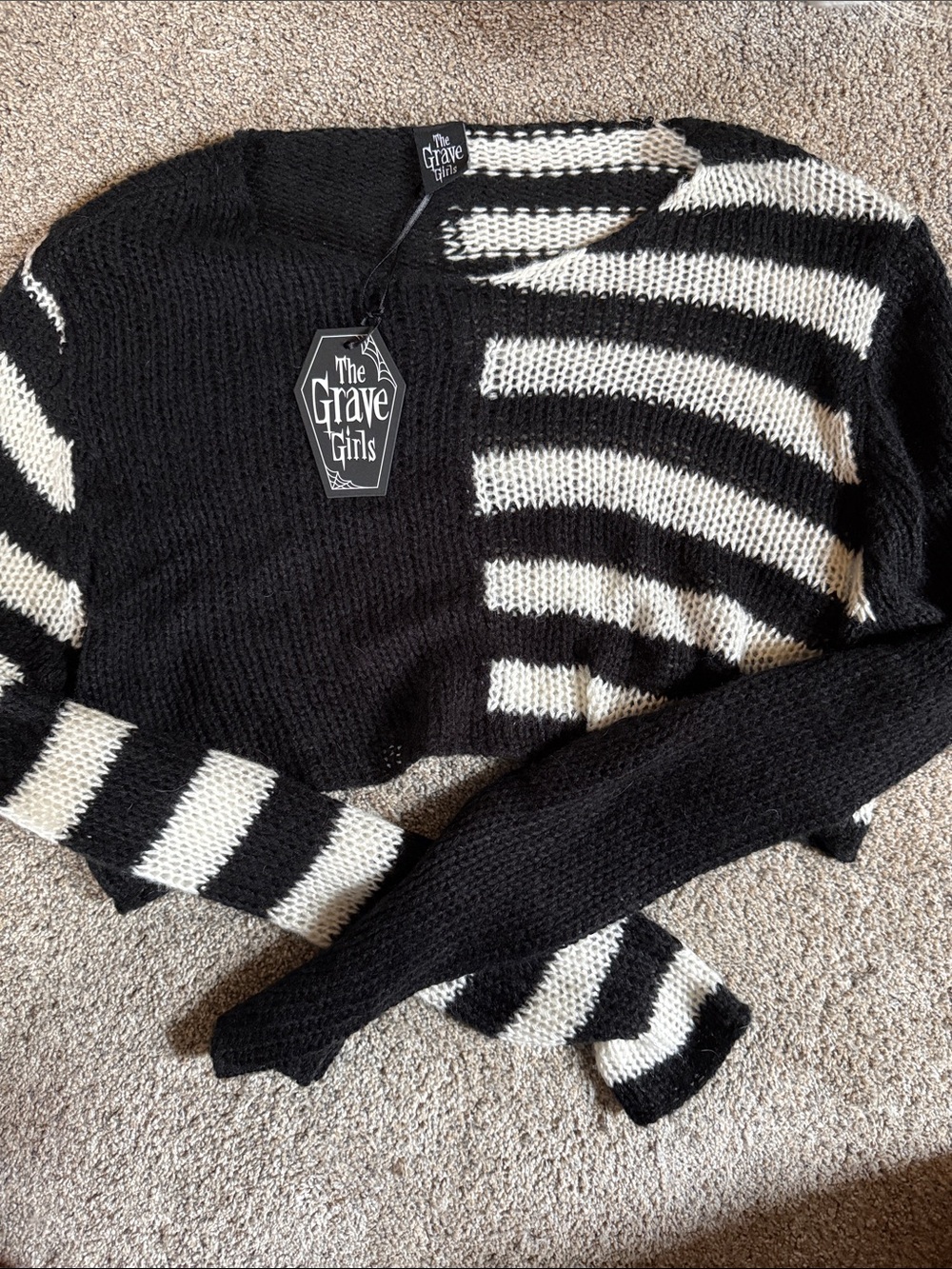 Dolls Kill Black & White Striped cropped Crewneck Sweater grave girls s